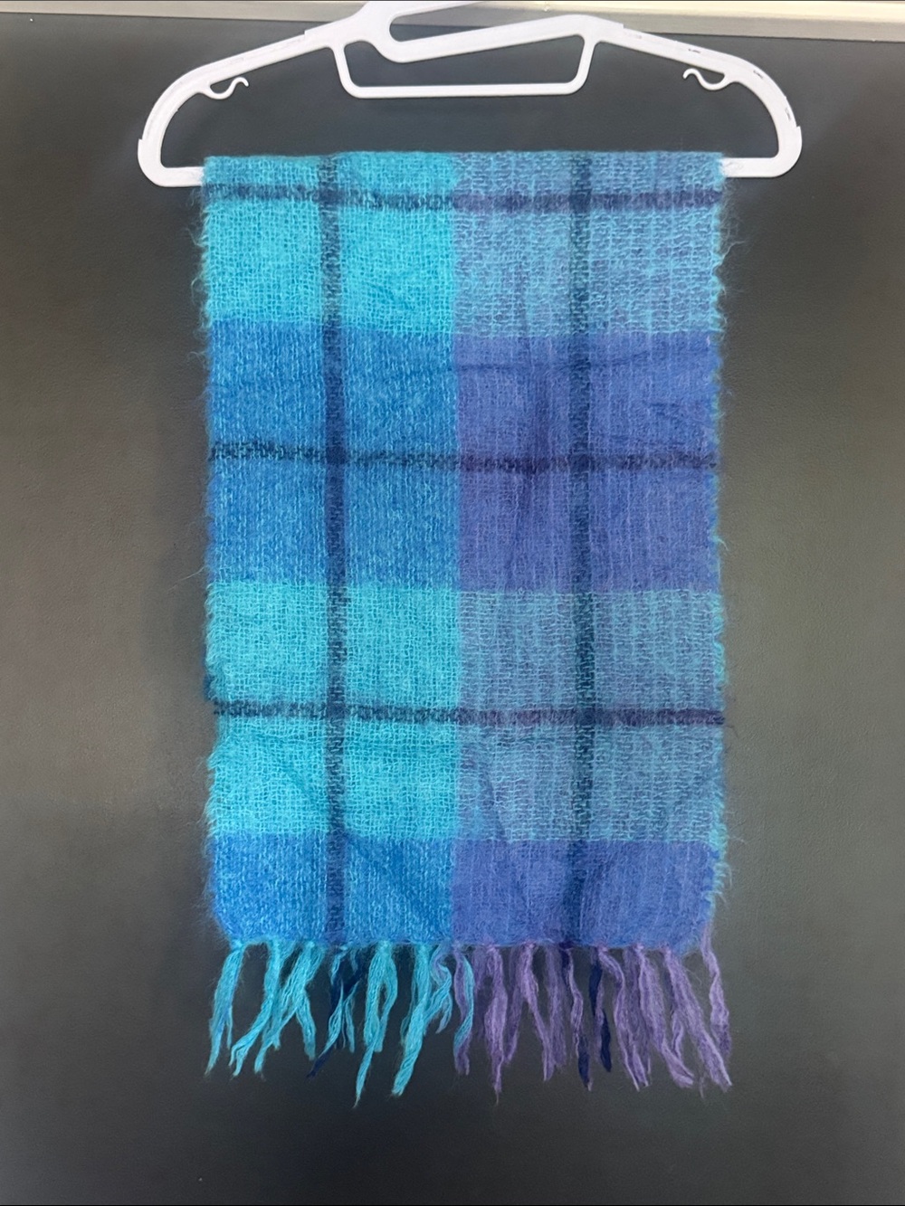John Hanly Ireland Mohair/Wool Scarf Blue Plaid Fringe 74” NWOT Luxury